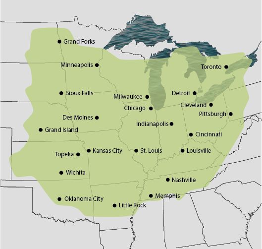 Map of the center of the United States with the Corn Belt region highlighted in green