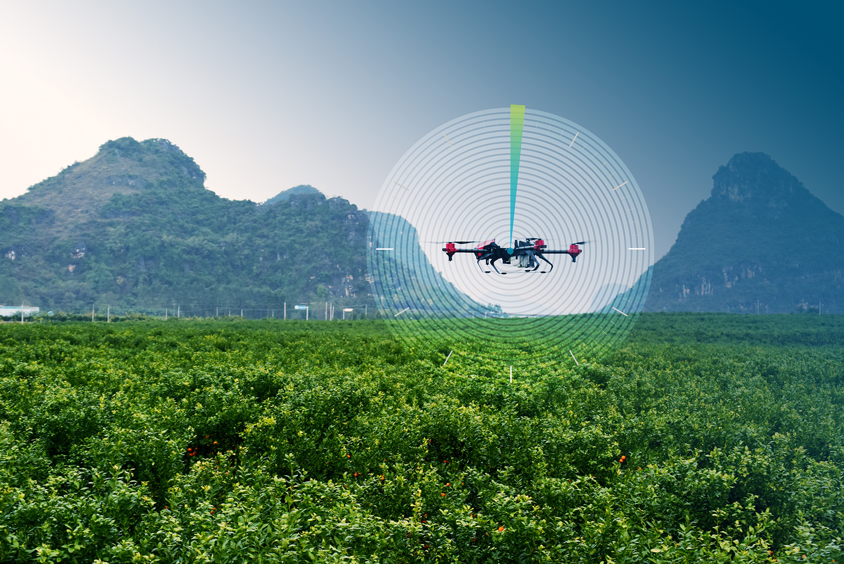Drone flying over a field